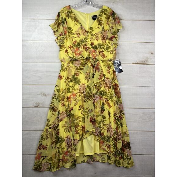 Maison Tara Dress Womens Sz 12 Yellow Floral Chiffon Midi V Neck Boho NWT - Picture 1 of 10